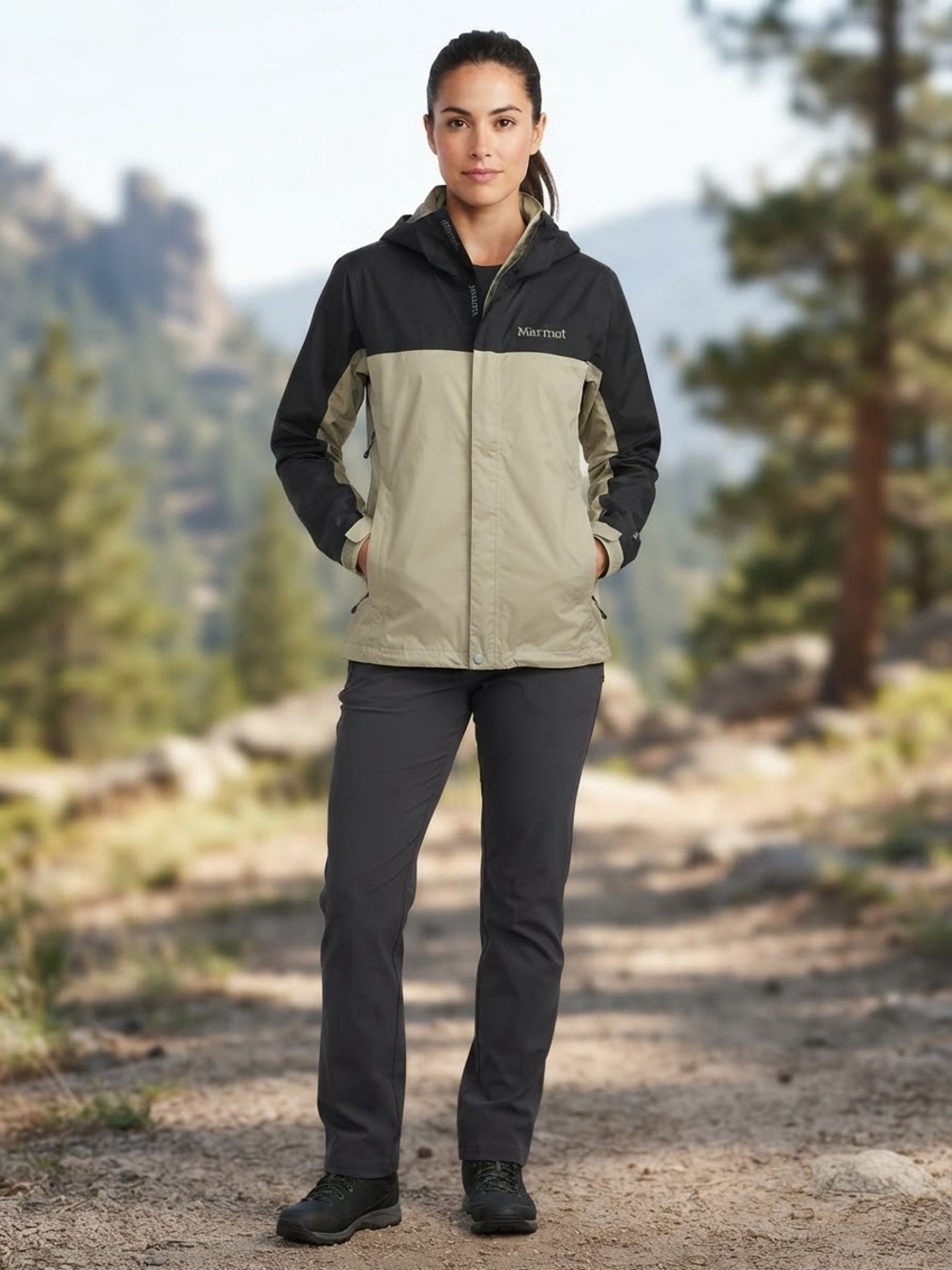 Marmot Two-Tone Hooded Utility Jacket in Khaki and Black